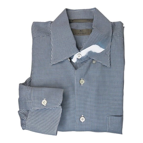 Canali 1934 White w/ Blue & Brown Puppytooth Cotton Button Down Mens Size Large - Picture 1 of 5